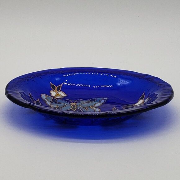 Signed Blue Cobalt Enameled Hand Painted Butterfly Floral Art Glass Trinket Dish - Picture 7 of 9